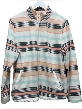 Talbots Top Womens XL P Full Zip Long Sleeve Stripe Shirt Coastal Pockets Preppy